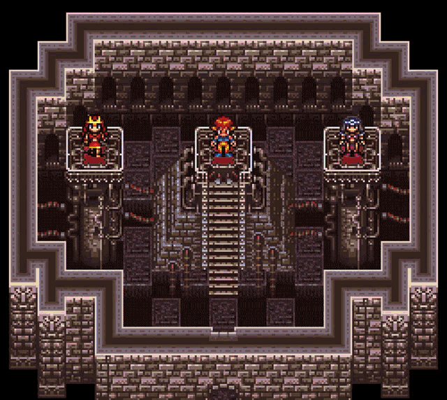 a video game shows three characters sitting on thrones