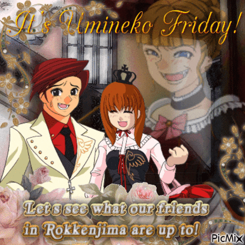a couple of anime characters standing next to each other with the words " let 's see what our friends in rokkenjima are up to " below