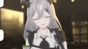 a 3d anime girl with gray hair and horns