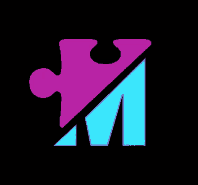 a pink and blue puzzle piece with the letter m underneath