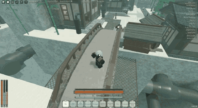 a screenshot of a video game shows a person on a bridge