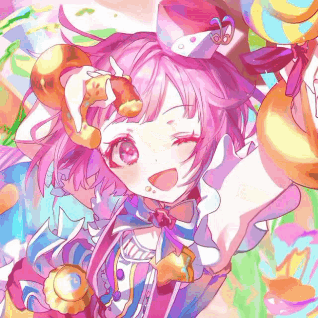 a girl with pink hair is eating a doughnut