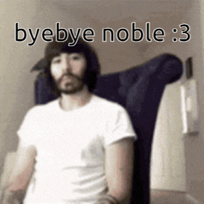 a man with a beard is sitting in a chair with the words `` byebye noble : 3 '' written on the screen