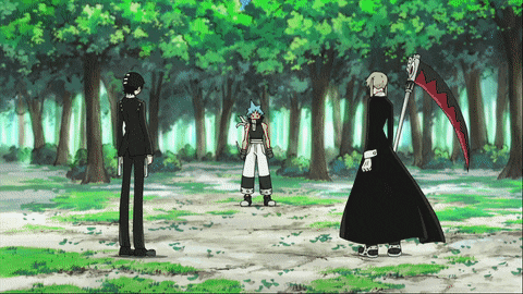 a man with a scythe stands in a forest with two other people