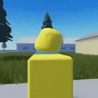 a yellow roblox character is standing on a sidewalk in front of a house and trees .