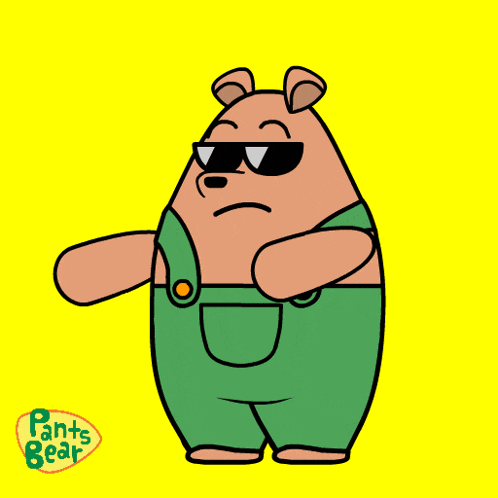 a cartoon of a bear wearing sunglasses and overalls with the words pants bear below it