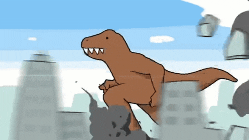 a cartoon of a dinosaur running through a city with buildings in the background