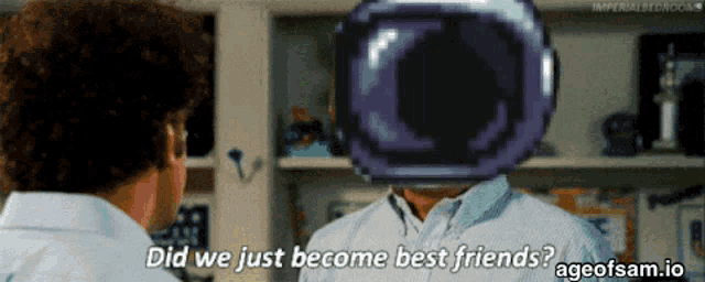 a man with a purple helmet on his head says did we just become best friends