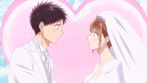 a bride and groom are looking at each other with a pink heart in the background