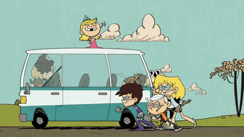 a cartoon of a girl standing on top of a blue and white van