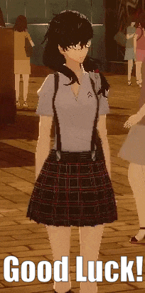 a girl in a plaid skirt says good luck in a video game