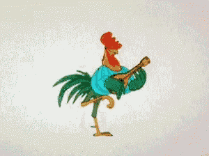 a cartoon rooster is playing an ukulele and wearing a blue shirt