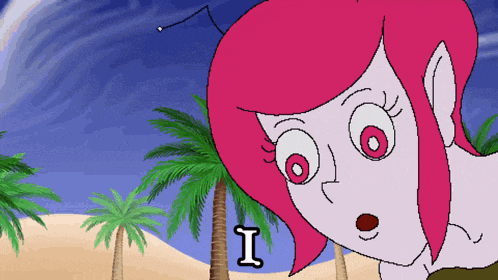 a cartoon drawing of a girl with pink hair and the letter i in the corner