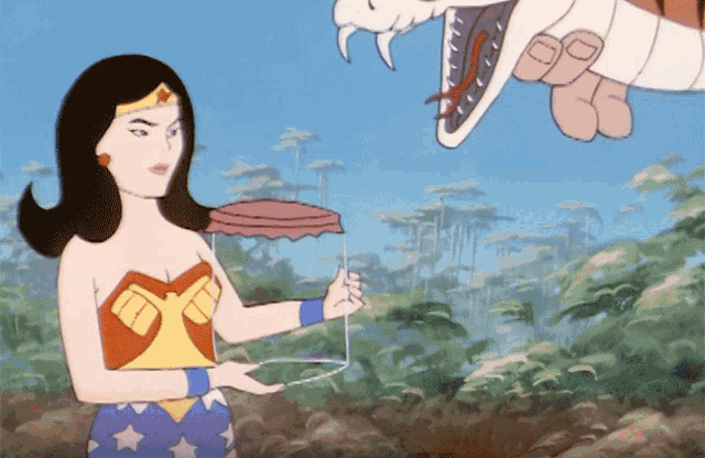 a cartoon drawing of wonder woman holding a rope