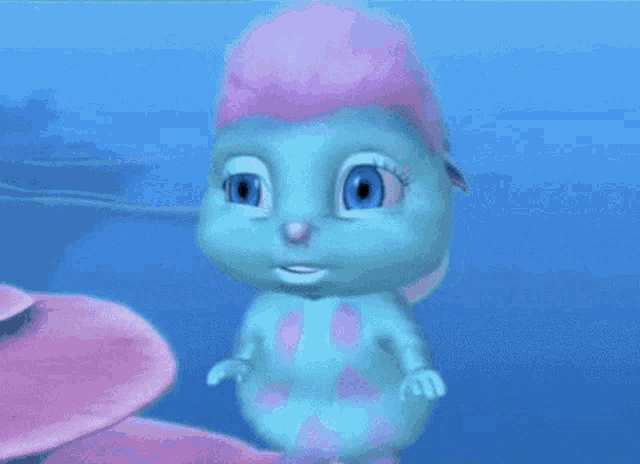 a blue cartoon character with pink hair and blue eyes is standing in the water .
