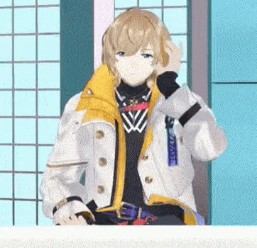 a 3d anime character is sitting at a table in front of a window and holding his hand to his head .