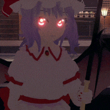 a girl with purple hair and red eyes is wearing a red hat