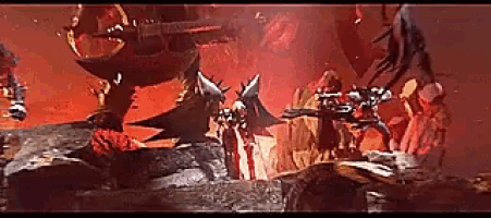 a group of soldiers are standing in front of a monster in a video game scene