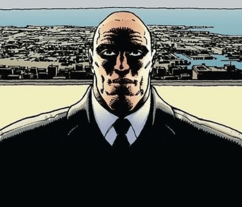 a bald man in a suit and tie stands in front of a city