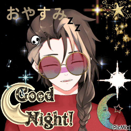 a picture of a girl wearing sunglasses with the words good night on it