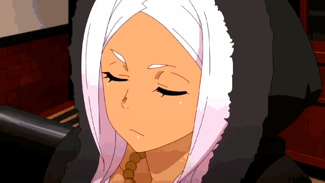 a girl with white hair is wearing a black hood