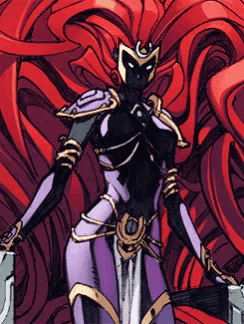 a cartoon drawing of a woman with red hair and a sword