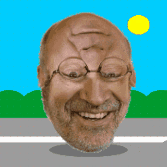 a man with glasses and a beard is smiling on the side of a road