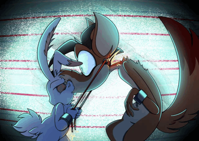 a cartoon drawing of a fox and a rabbit playing violins
