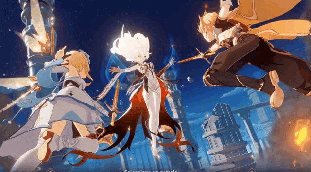 a screenshot of a video game shows three characters fighting