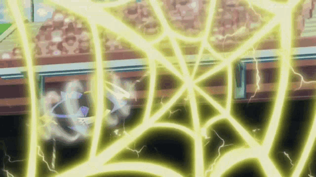 a spider web with lightning coming out of it and a crowd in the background