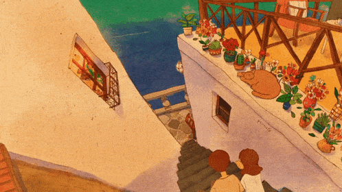 a drawing of a couple walking down stairs with a cat on a balcony with flowers