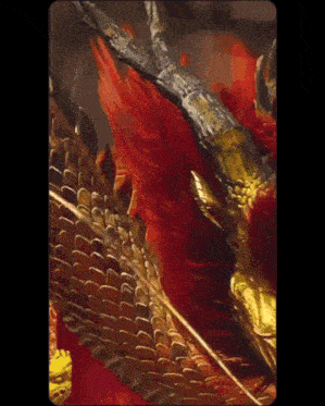 a close up of a painting of a dragon 's wings and horns