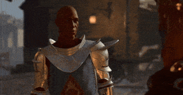 a woman with horns and a crown on her head stands next to a man in armor