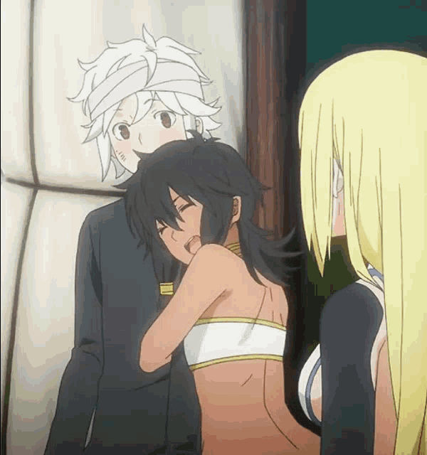 a girl with a bandage on her head is hugging a boy