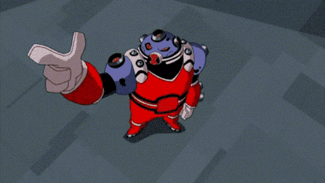 a cartoon drawing of a red and blue object with smoke coming out of it 's mouth