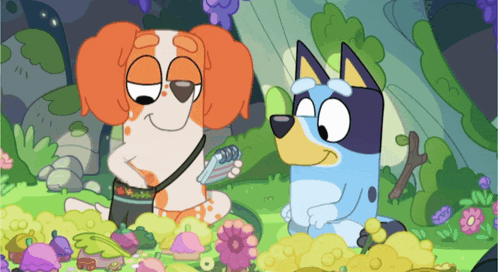 a cartoon of a dog and a cat sitting in a field of flowers