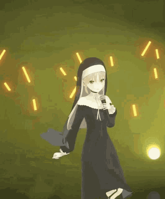 a girl in a nun costume is holding a microphone in her hand