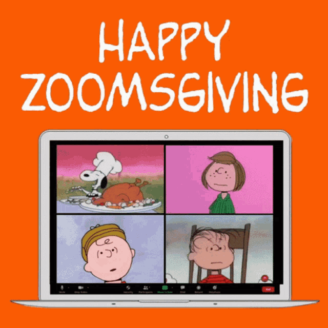 a happy zoomsgiving poster with snoopy and friends