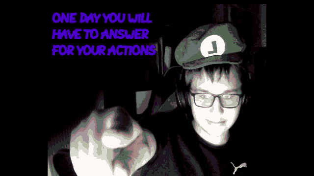 a man wearing a green hat and glasses points at the camera with the words one day you will have to answer for your actions behind him