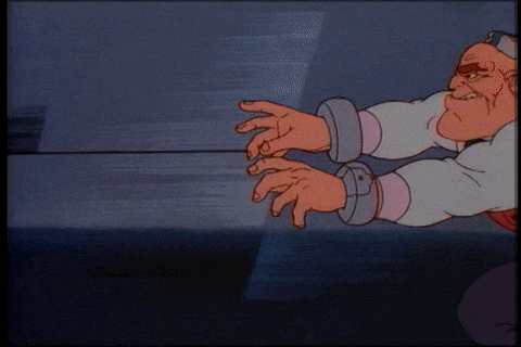 a cartoon character with a white shirt and cuffs on his hands