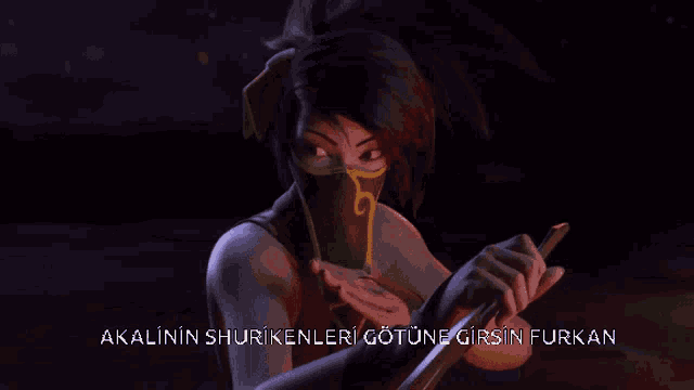 a woman with a mask on her face and the words akininin shurikenleri gotune girsin furkan