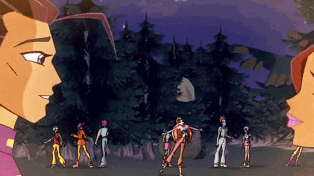 a group of cartoon characters are standing in a field and one of them is looking at the other