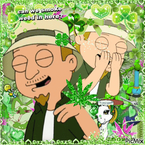 a picture of two cartoon characters with the words can we smoke weed in here on the bottom