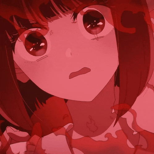a close up of a girl 's face with a red background and the letter c on it