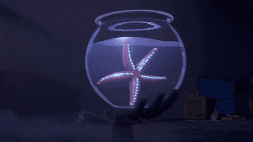 a man is holding a fish bowl with a starfish in it and the words " my quest was darkly bountiful "