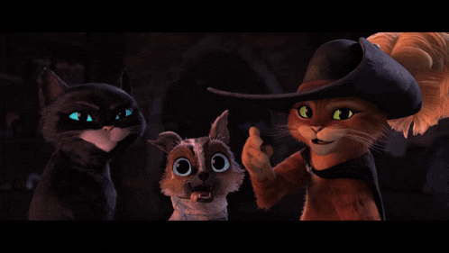three cartoon cats are standing next to each other and one of them is wearing a hat