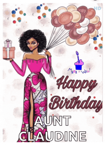 a happy birthday card for aunt claudine with a woman holding balloons