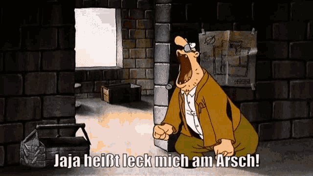 a cartoon of a man screaming with the words jaja heißt leck mich am arsch