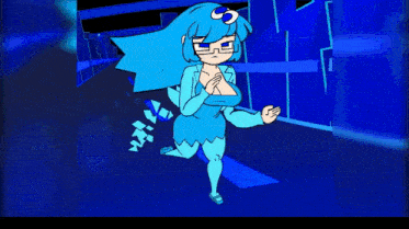 a cartoon of a woman with blue hair and glasses
