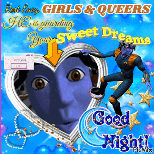 a picture of a cartoon character with the words rest easy girls & queers on it